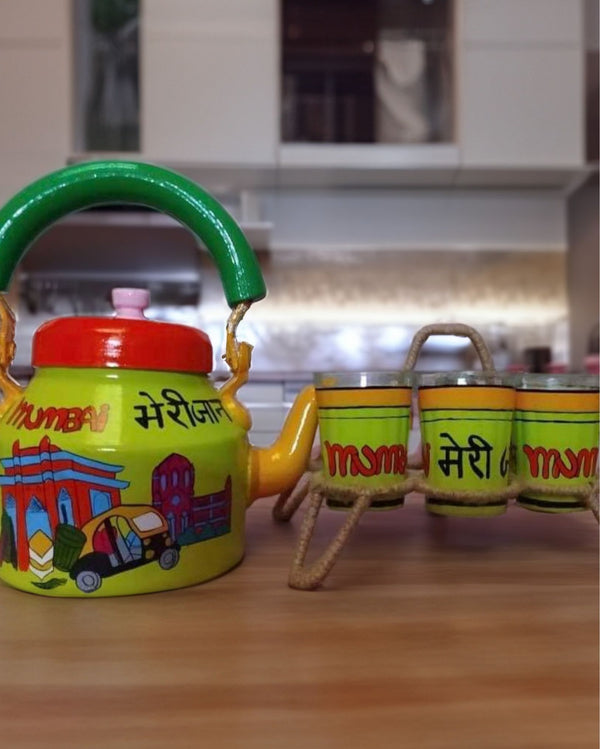 Hand Painted Green Coloured Aluminium Tea Kettle With Jute Stands And 6 hand-painted-green-coloured-aluminium-tea-kettle-with-jute-stands-and-6