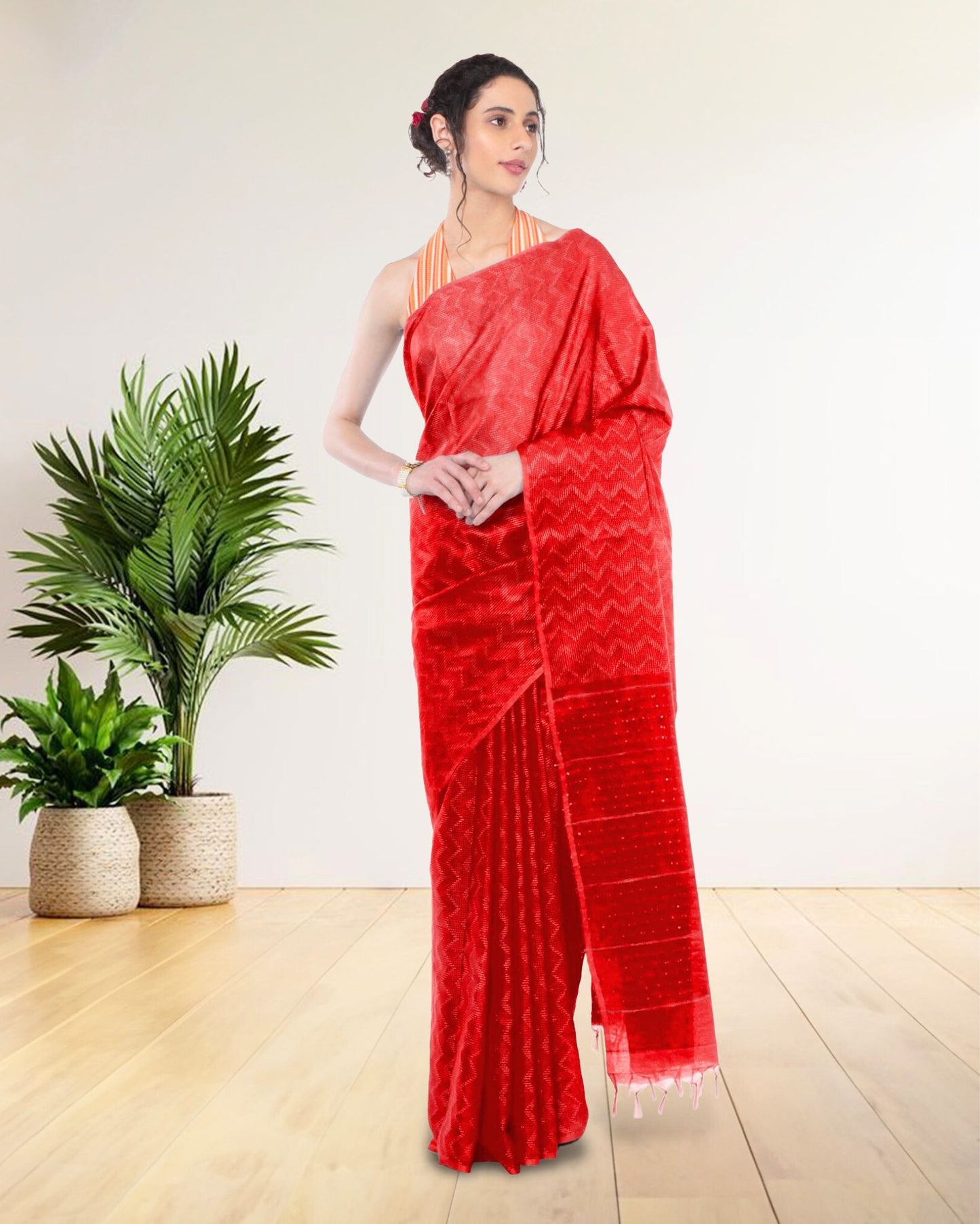 Kota Silk Red Saree Sequence Pallu & Zig-Zag Design