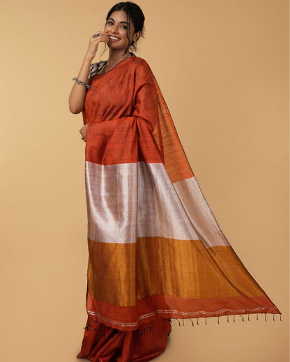 Earthy Silk Linen Handdyed Brown Contrast Pallu Saree