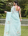 Chic Kota Doria Cotton Bird Embroidery Blue Saree Handdyed