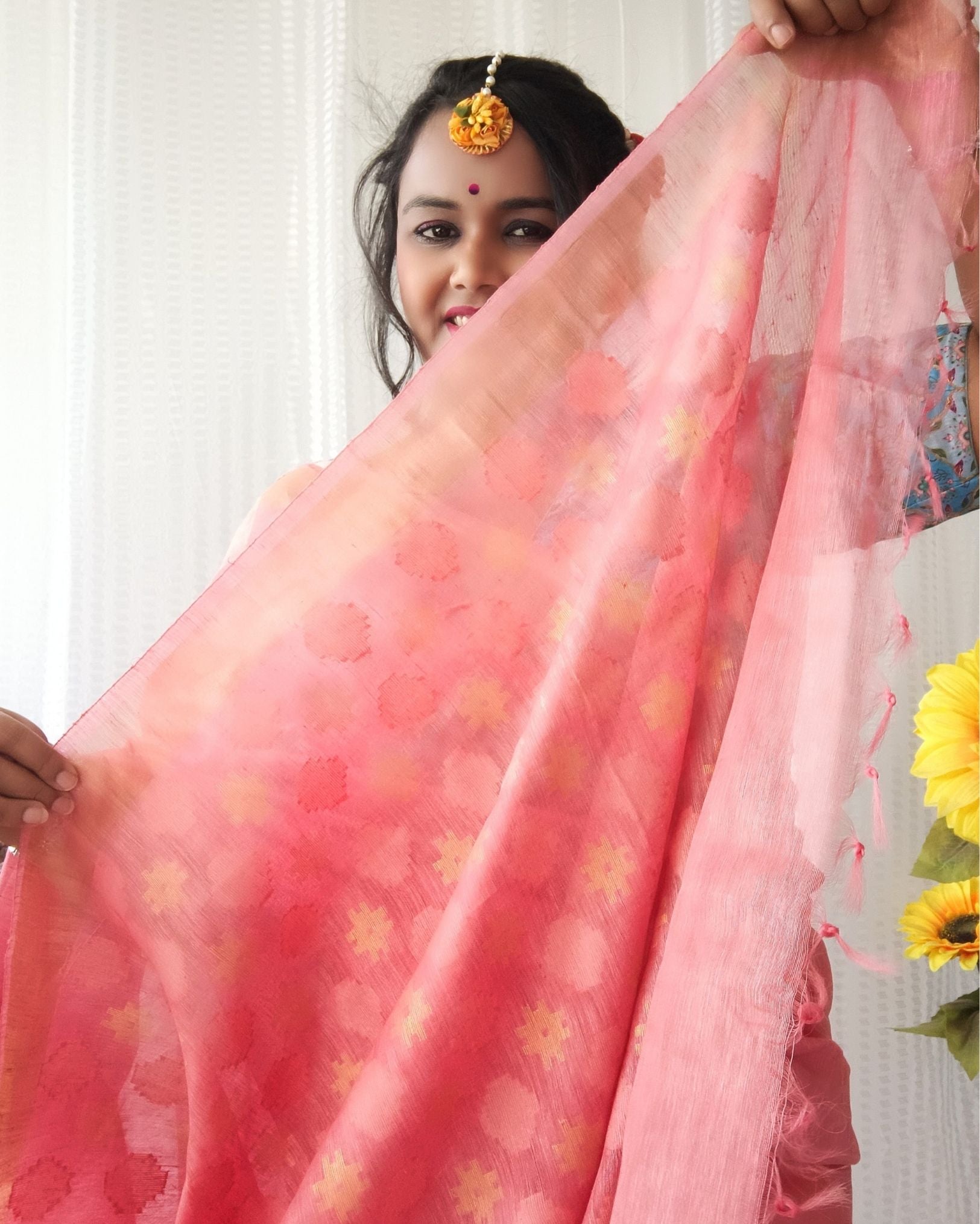 Pure Silk Linen Saree Pink Color Plain Handloom with Weaving Pattern Pallu  and running blouse-Indiehaat –