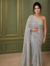 Georgette Handcrafted Tepchi work Gray Color Saree with Running Blouse-Indiehaat