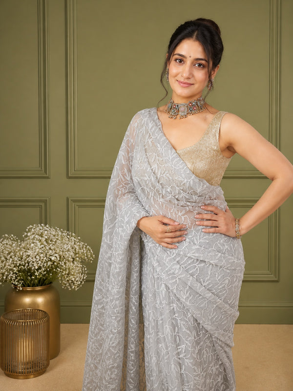 Georgette Handcrafted Tepchi work Gray Color Saree with Running Blouse-Indiehaat