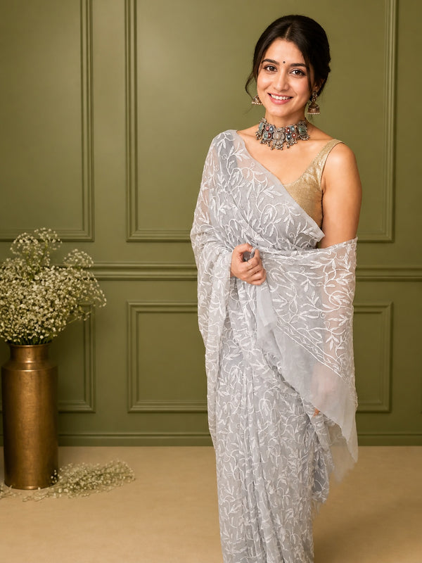 Georgette Handcrafted Tepchi work Gray Color Saree with Running Blouse-Indiehaat