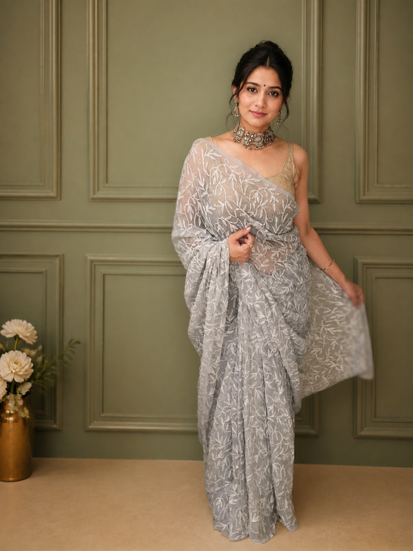 Georgette Handcrafted Tepchi work Gray Color Saree with Running Blouse-Indiehaat