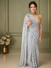 Georgette Handcrafted Tepchi work Gray Color Saree with Running Blouse-Indiehaat
