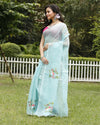Chic Kota Doria Cotton Bird Embroidery Blue Saree Handdyed