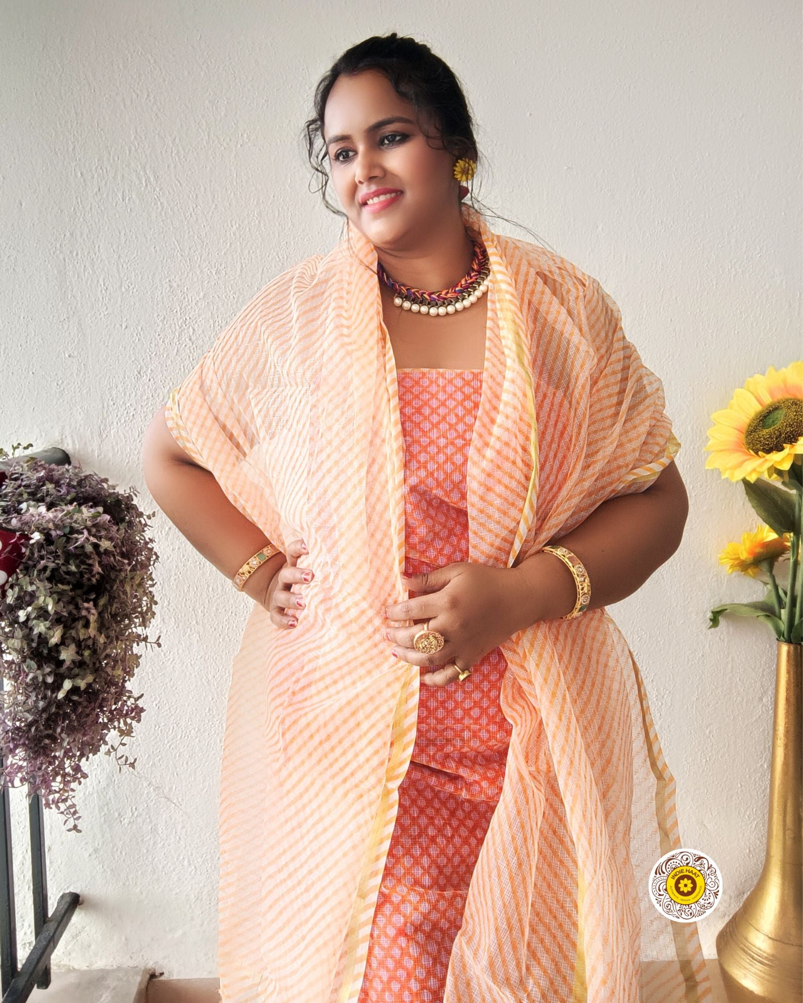 Kota Doria Orange Suit Material 2 Piece Lehariya Tie And Dye (Only Top And Dupatta)-Indiehaat