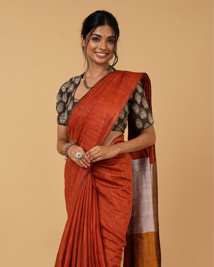Earthy Silk Linen Handdyed Brown Contrast Pallu Saree