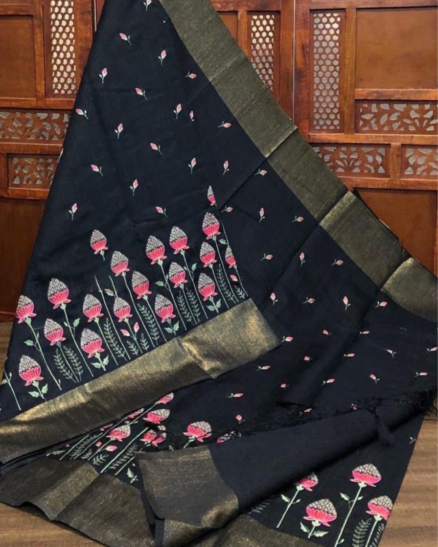 7430-Silkmark certified Pure Tussar Silk Digital Embroidered Black Saree with Running Blouse (Tussar by Tussar)