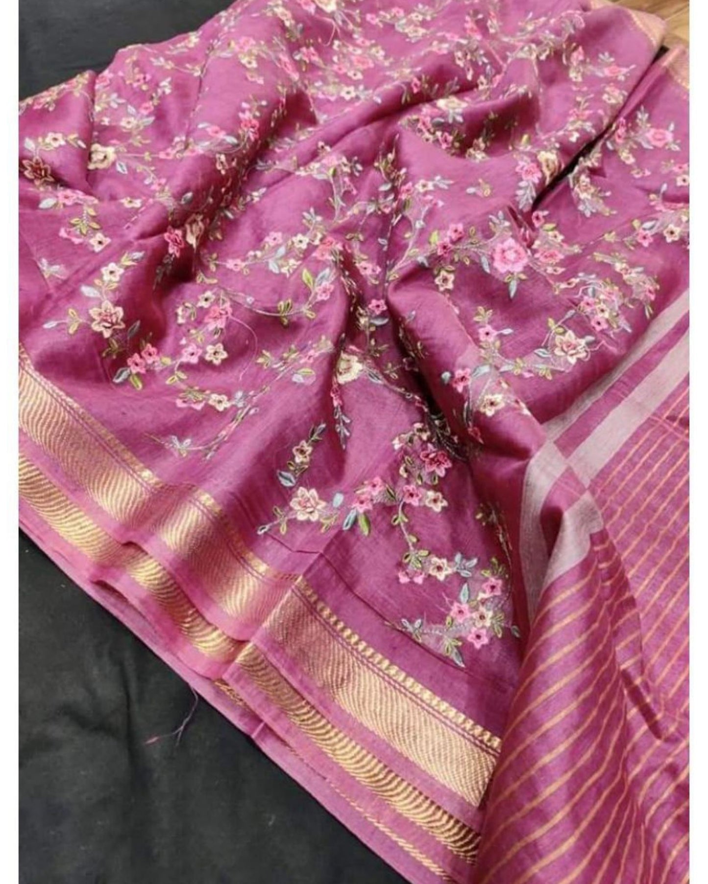 Poetic Silk Linen Embroidered Pink Saree