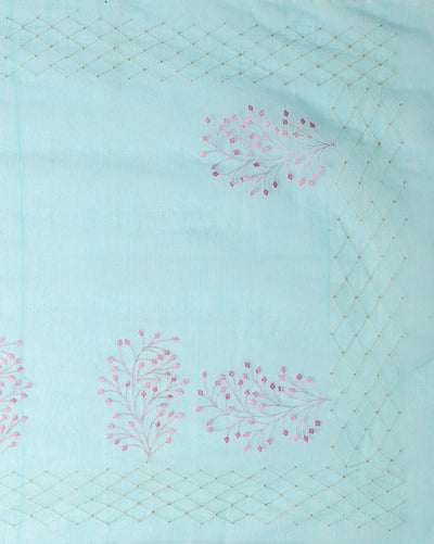 Fresh Kota Doria Cotton Bel Embroidery Blue Saree Handdyed