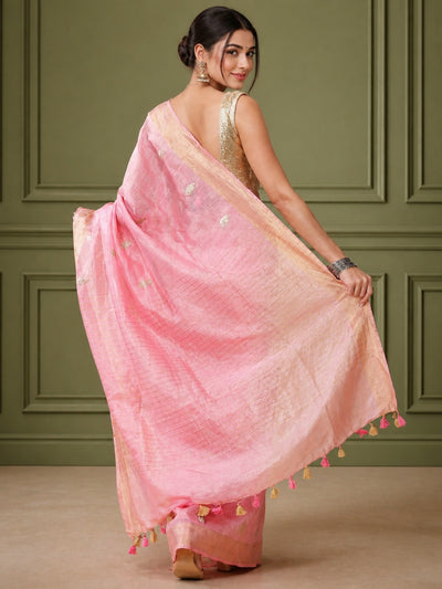 Silk Linen Banarasi Brocade Weaving Handloom Pink Saree With Blouse-Indiehaat