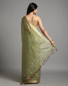 Silk Linen Digital Embroidered Handloom Green Saree with Running Blouse-Indiehaat