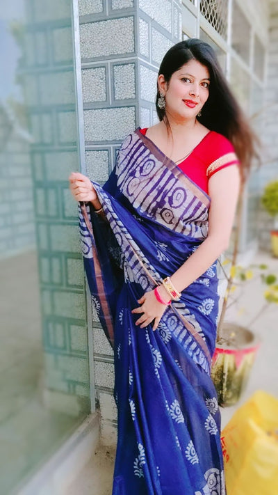 Wax Batik Hand Dyed Kota Silk Saree Midnight Blue