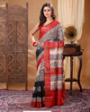 Silkmark Certifiied Tussar Silk Handloom Handblock Printed Black & Khaki Colour Saree with Blouse-Indiehaat