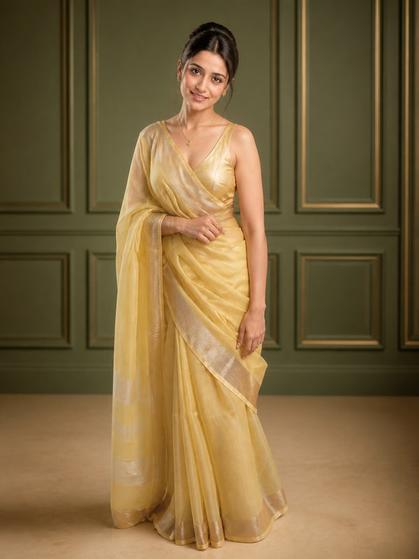 Hand Dyed Pure Tissue Linen Yellow Color  Saree With Running Blouse-Indiehaat
