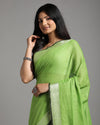 Handwoven Pure Linen Green Saree with Blouse-Indiehaat