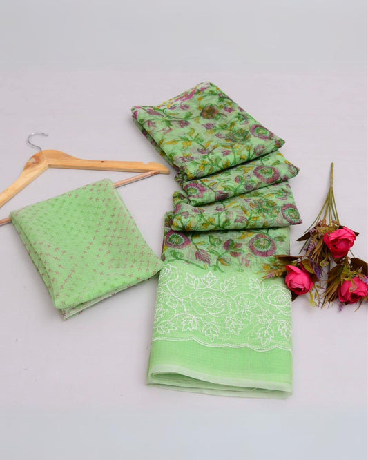 Indiehaat | Kota Doria Printed Green Saree Embroidery with Blouse Piece