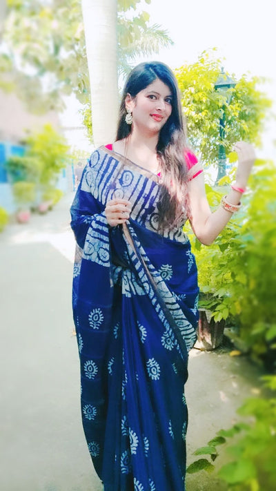 Wax Batik Hand Dyed Kota Silk Saree Midnight Blue