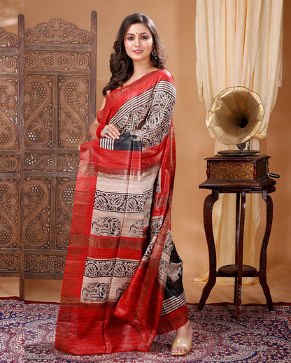 2652-Silkmark Certifiied Tussar Silk Handloom Handblock Printed Black & Khaki Colour Saree with Blouse