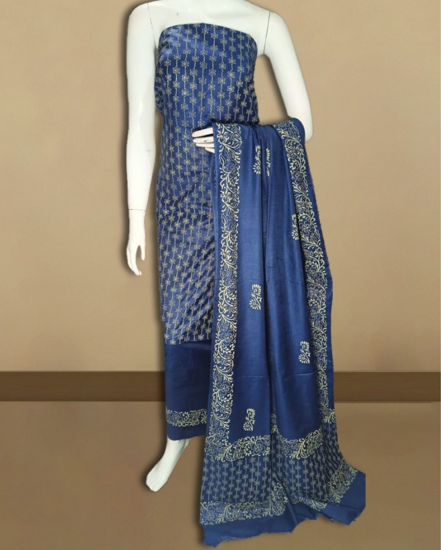 8760-Blue Katan Silk Suit Piece with Bottom and Dupatta Floral Handblock Print
