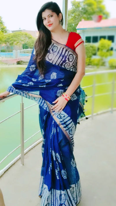 Wax Batik Hand Dyed Kota Silk Saree Midnight Blue