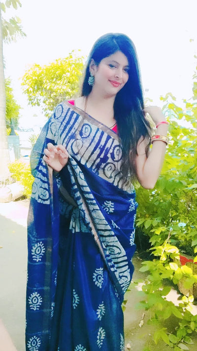 Wax Batik Hand Dyed Kota Silk Saree Midnight Blue
