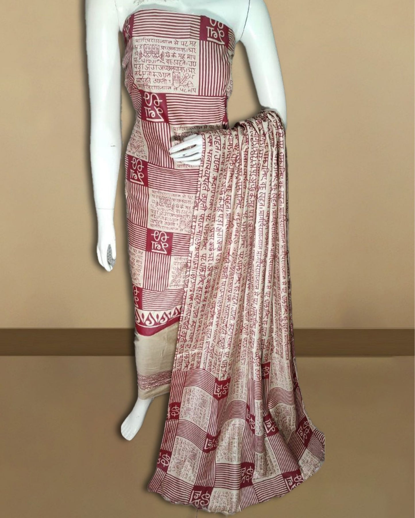 9640-Katan Antique Ruby Silk Printed Suit Piece with Bottom and Dupatta Handcrafted