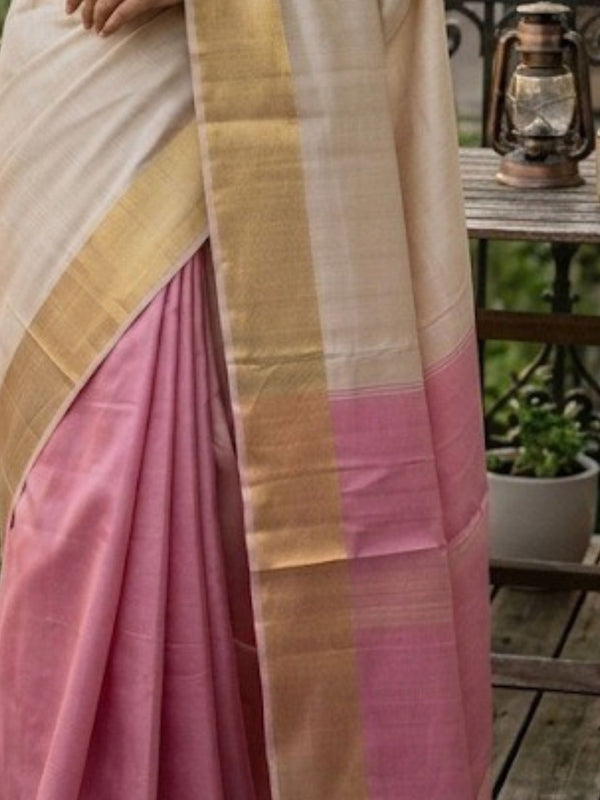 Handloom Kota Silk Beige & Rose Pink Saree