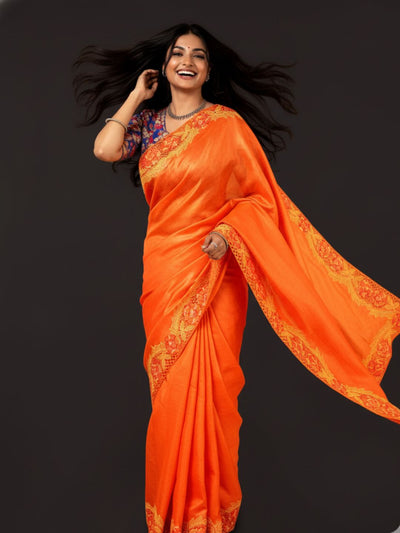 Silkmark Certified Kinetic Pure Tussar Cutwork Saree Orange