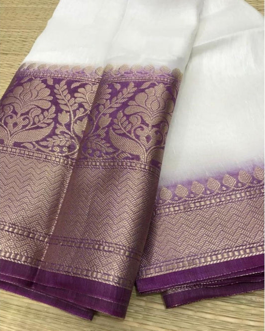 Lustrous Banarasi Silk Linen White Handloom Saree