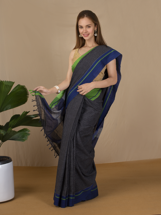 1465-Patteda Anchu Handloom Mark Certified Pure Cotton Saree Davy's Grey Color with Running Blouse