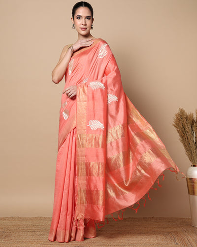 Silkmark Muga Tussar Silk Embroidered Peach Saree