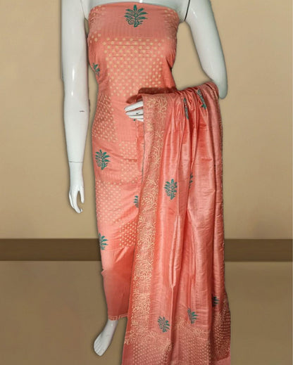 6382-Peach color Katan Silk Suit Piece with Bottom and Dupatta Floral Handblock Print