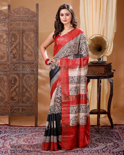 2652-Silkmark Certifiied Tussar Silk Handloom Handblock Printed Black & Khaki Colour Saree with Blouse