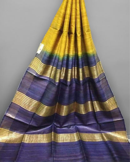 Silkmark Ghicha Tussar Silk Yellow & Blue Saree