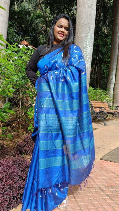 Silkmark Vibrant Eri Tussar Silk Embroidered Blue Saree