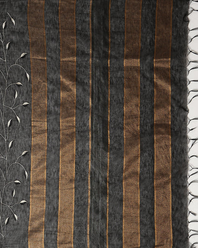 Glossy Eri Tussar Silk Embroidered Black Saree