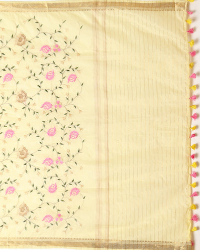 Impressionistic Silk Linen Embroidered Yellow Saree