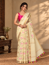Silk Linen Embroidered Handloom Yellow Saree with Blouse-Indiehaat