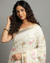 Luminous Silk Linen Embroidered Off White Saree