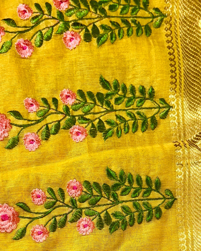 Poised Silk Linen Embroidered Mustard Saree
