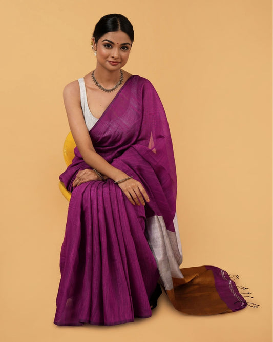 7860-Silk Linen Plain Saree Deep Purple Color with contrast border and attached Running Blouse (Any Color Customizable)