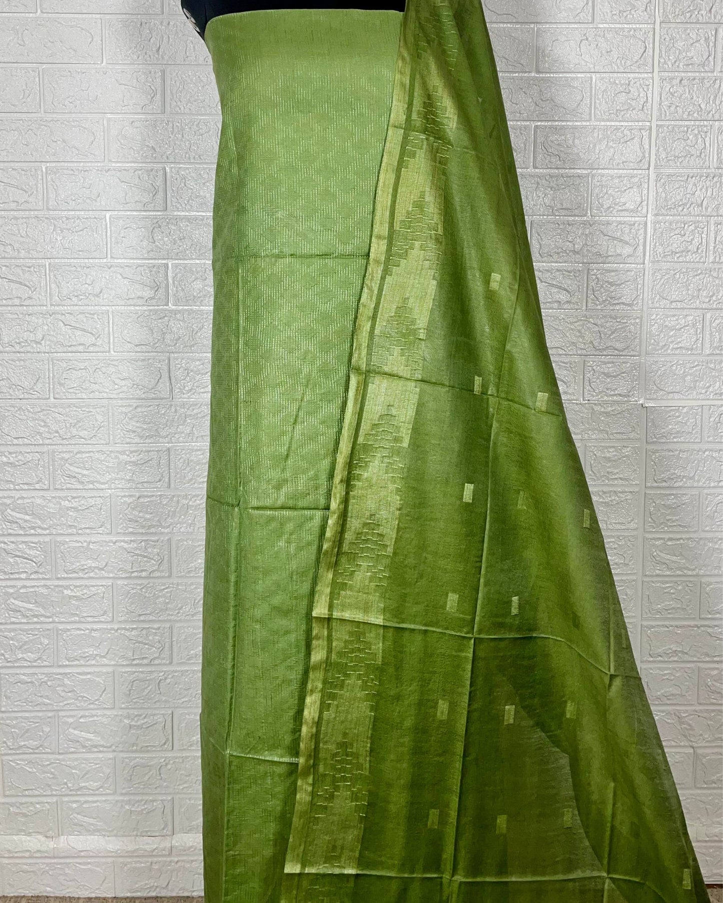 4412-Handcrafted Katan Silk Green Suit Piece with Bottom and Dupatta