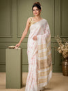 Eri Silk Digital Embroidered White Saree with Running Blouse-Indiehaat