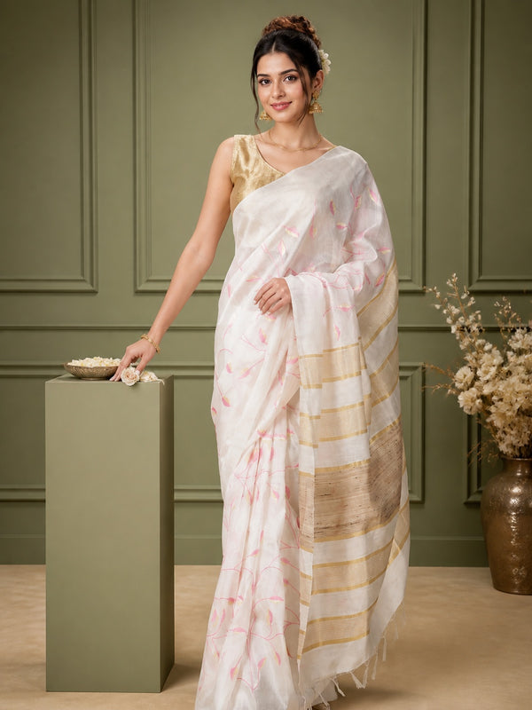 Eri Silk Digital Embroidered White Saree with Running Blouse-Indiehaat