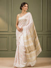 Eri Silk Digital Embroidered White Saree with Running Blouse-Indiehaat