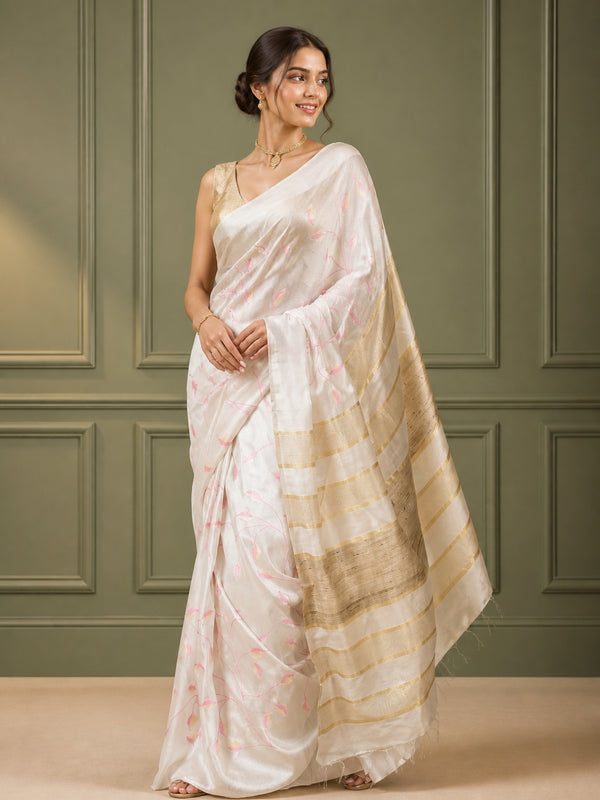 Eri Silk Digital Embroidered White Saree with Running Blouse-Indiehaat