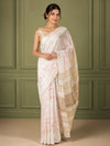 Eri Silk Digital Embroidered White Saree with Running Blouse-Indiehaat